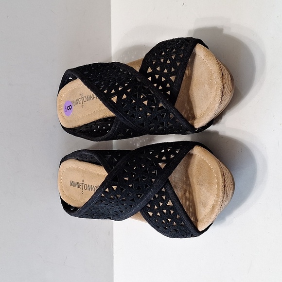 Minnetonka Black Tan Bohemian Lainey Boho Cut Out Suede Wedge Sandals Size 8 - Picture 5 of 12